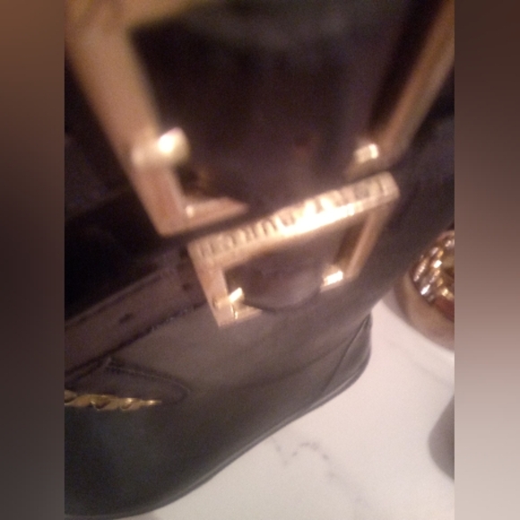 Tory Burch Goth Tall calf length rubber rain combat boots black gold lace up - Picture 7 of 16